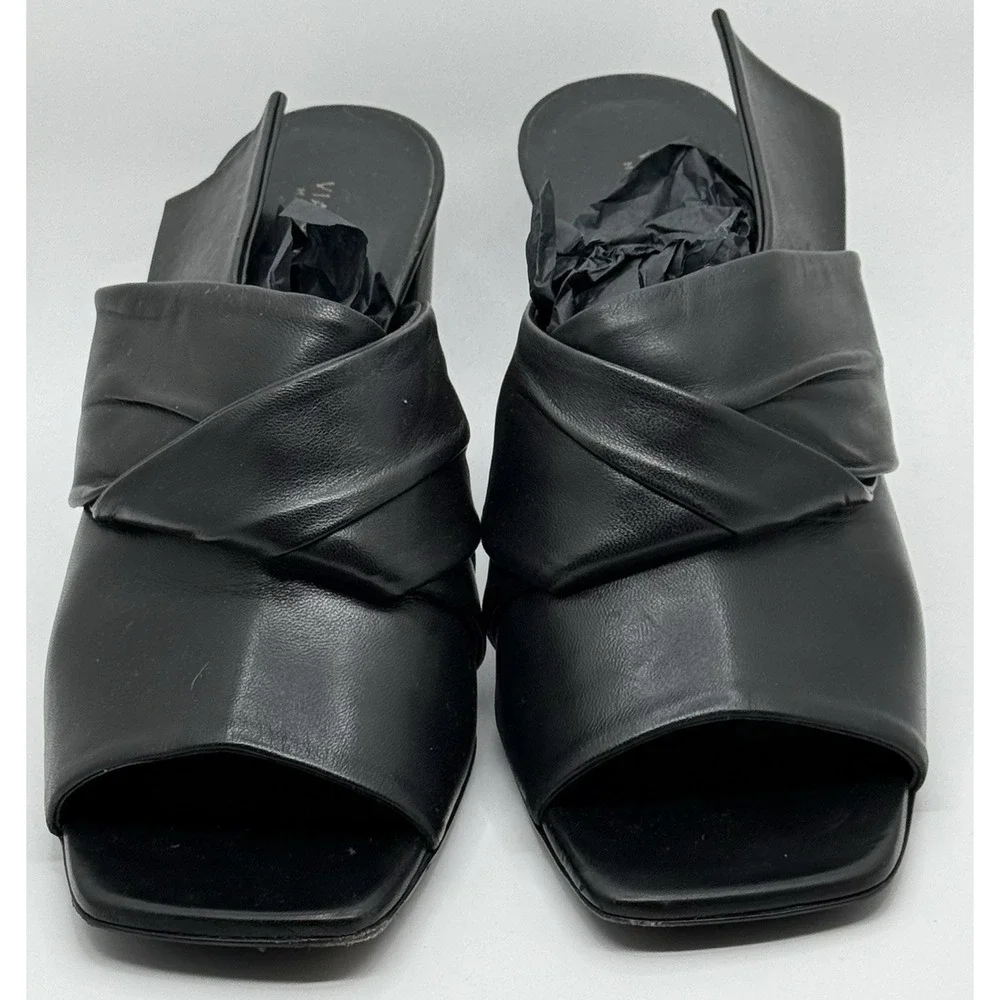 Via Spiga Black Leather Open Toe Block Heel Mule Sandals Women's‎ 6 Italy